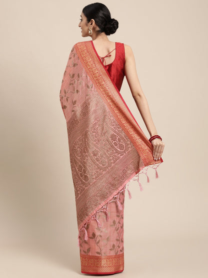 Dhiyona GR Women's Rewaa Mauvelous Pink Zari Woven Design Banarasi Pure Cotton Saree