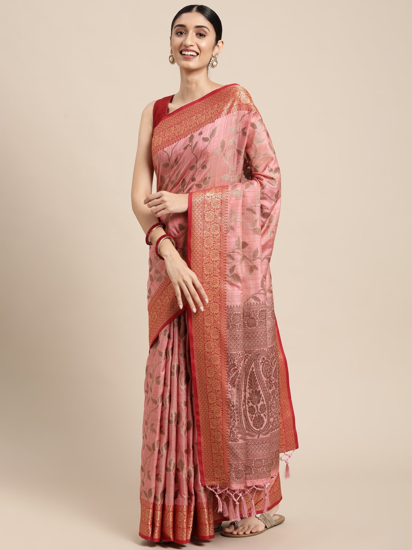 Dhiyona GR Women's Rewaa Mauvelous Pink Zari Woven Design Banarasi Pure Cotton Saree