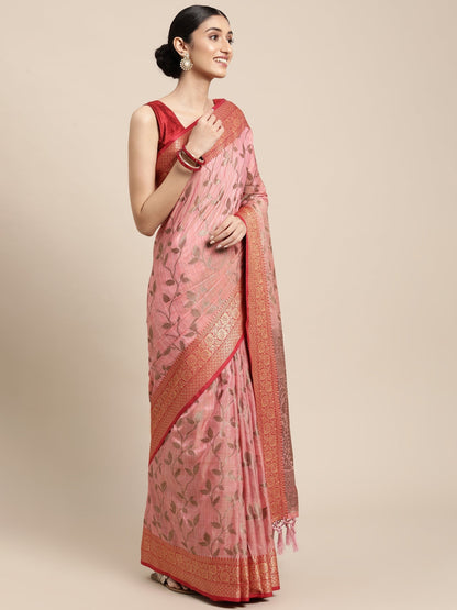 Dhiyona GR Women's Rewaa Mauvelous Pink Zari Woven Design Banarasi Pure Cotton Saree