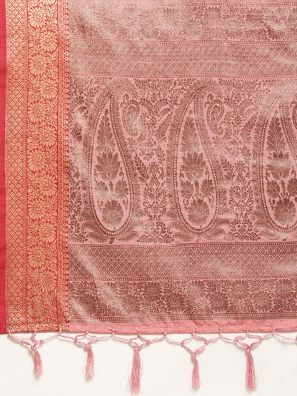 Dhiyona GR Women's Rewaa Mauvelous Pink Zari Woven Design Banarasi Pure Cotton Saree
