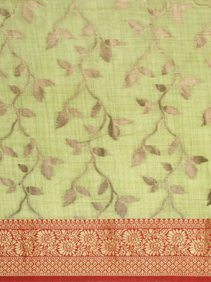 Dhiyona GR Women's Rewaa Kiwi Green Zari Woven Design Banarasi Pure Cotton Saree