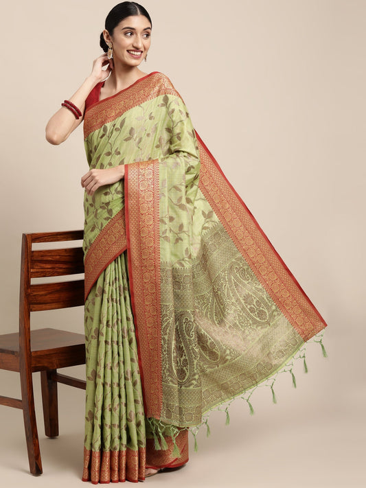 Dhiyona GR Women's Rewaa Kiwi Green Zari Woven Design Banarasi Pure Cotton Saree