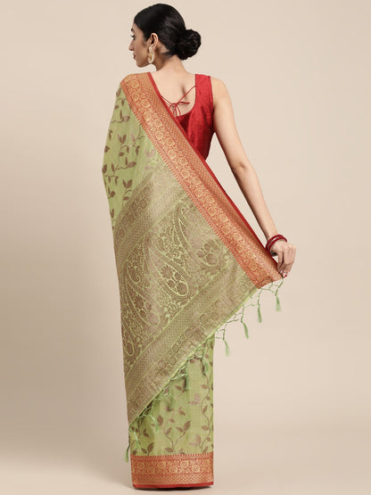 Dhiyona GR Women's Rewaa Kiwi Green Zari Woven Design Banarasi Pure Cotton Saree