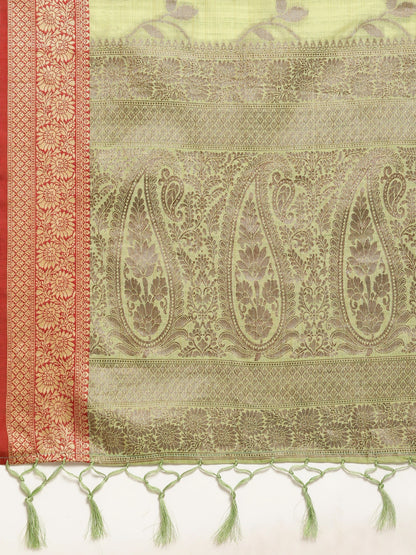 Dhiyona GR Women's Rewaa Kiwi Green Zari Woven Design Banarasi Pure Cotton Saree