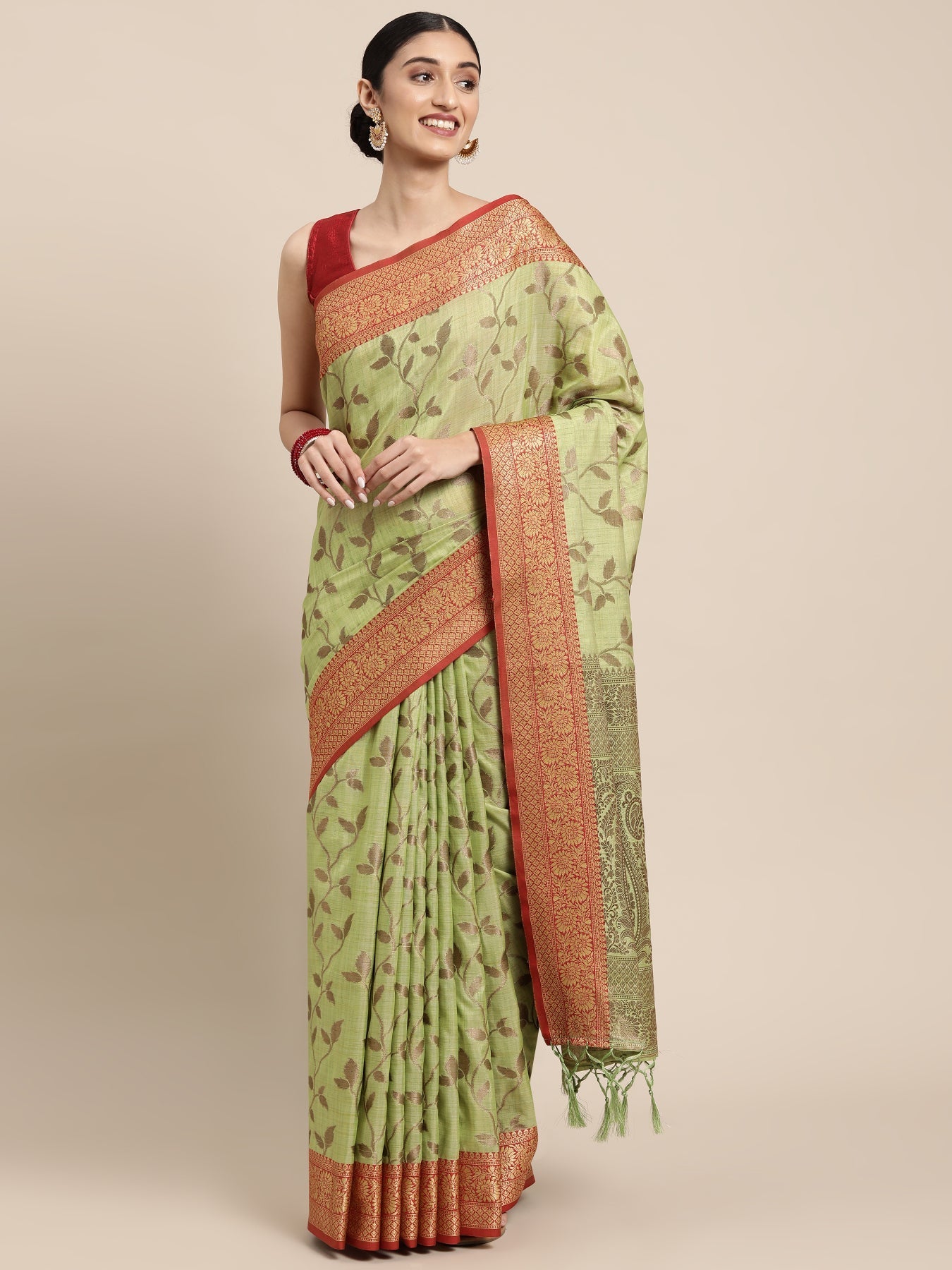 Dhiyona GR Women's Rewaa Kiwi Green Zari Woven Design Banarasi Pure Cotton Saree