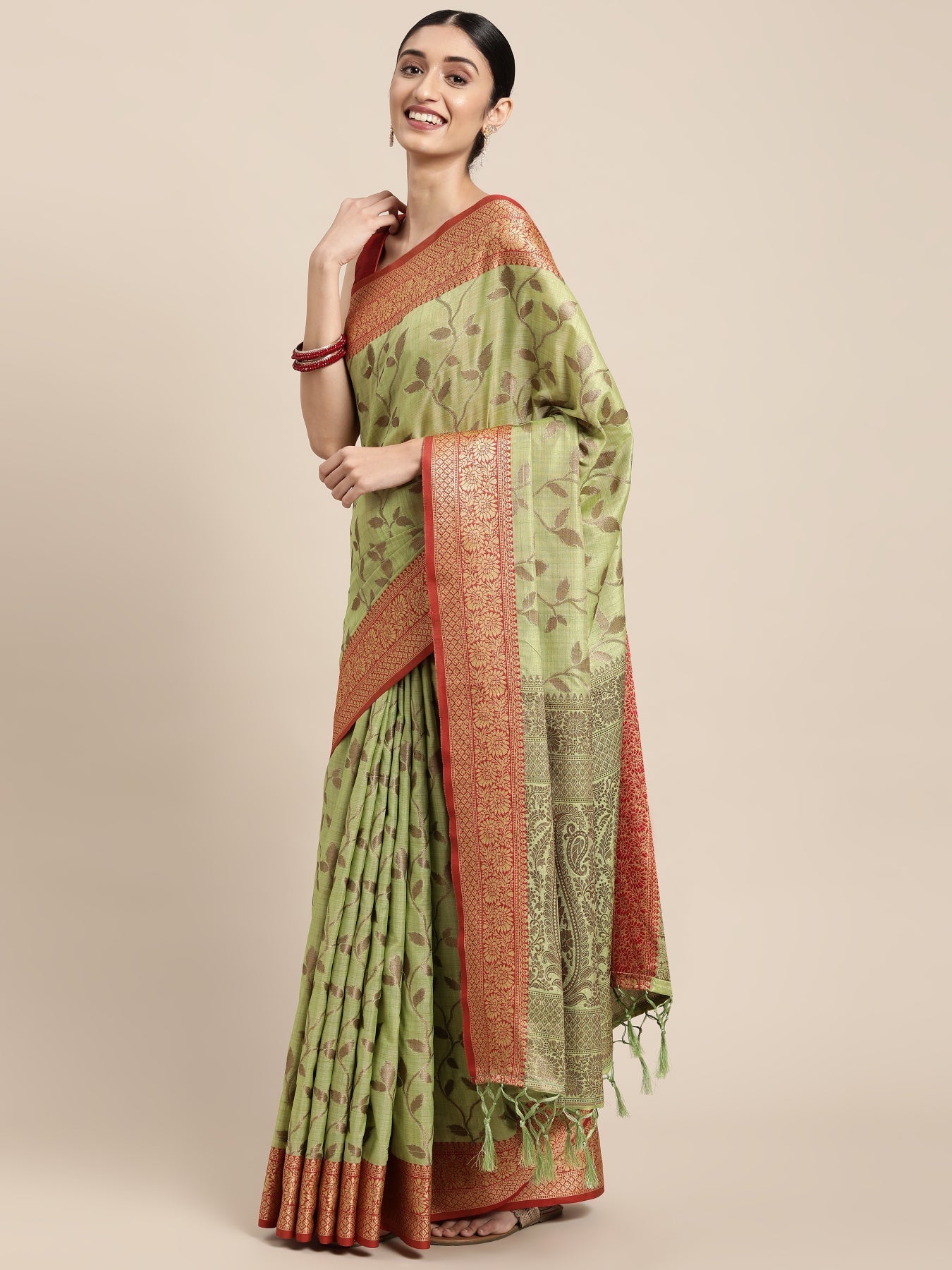 Dhiyona GR Women's Rewaa Kiwi Green Zari Woven Design Banarasi Pure Cotton Saree
