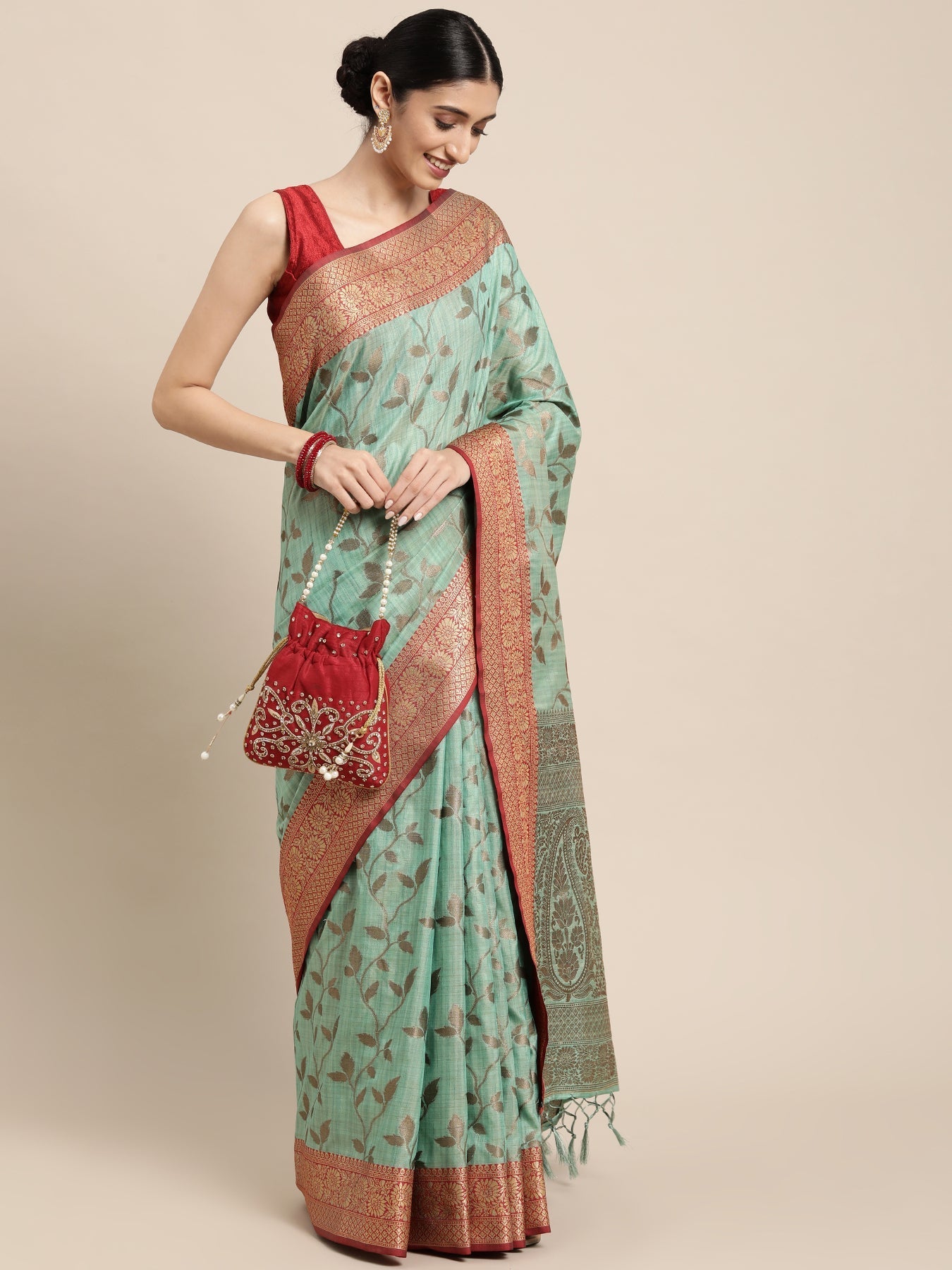 Dhiyona GR Women's Rewaa Tiffany Blue Zari Woven Design Banarasi Pure Cotton Saree