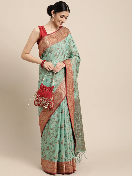 Dhiyona GR Women's Rewaa Tiffany Blue Zari Woven Design Banarasi Pure Cotton Saree
