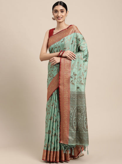 Dhiyona GR Women's Rewaa Tiffany Blue Zari Woven Design Banarasi Pure Cotton Saree