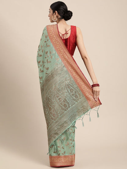 Dhiyona GR Women's Rewaa Tiffany Blue Zari Woven Design Banarasi Pure Cotton Saree