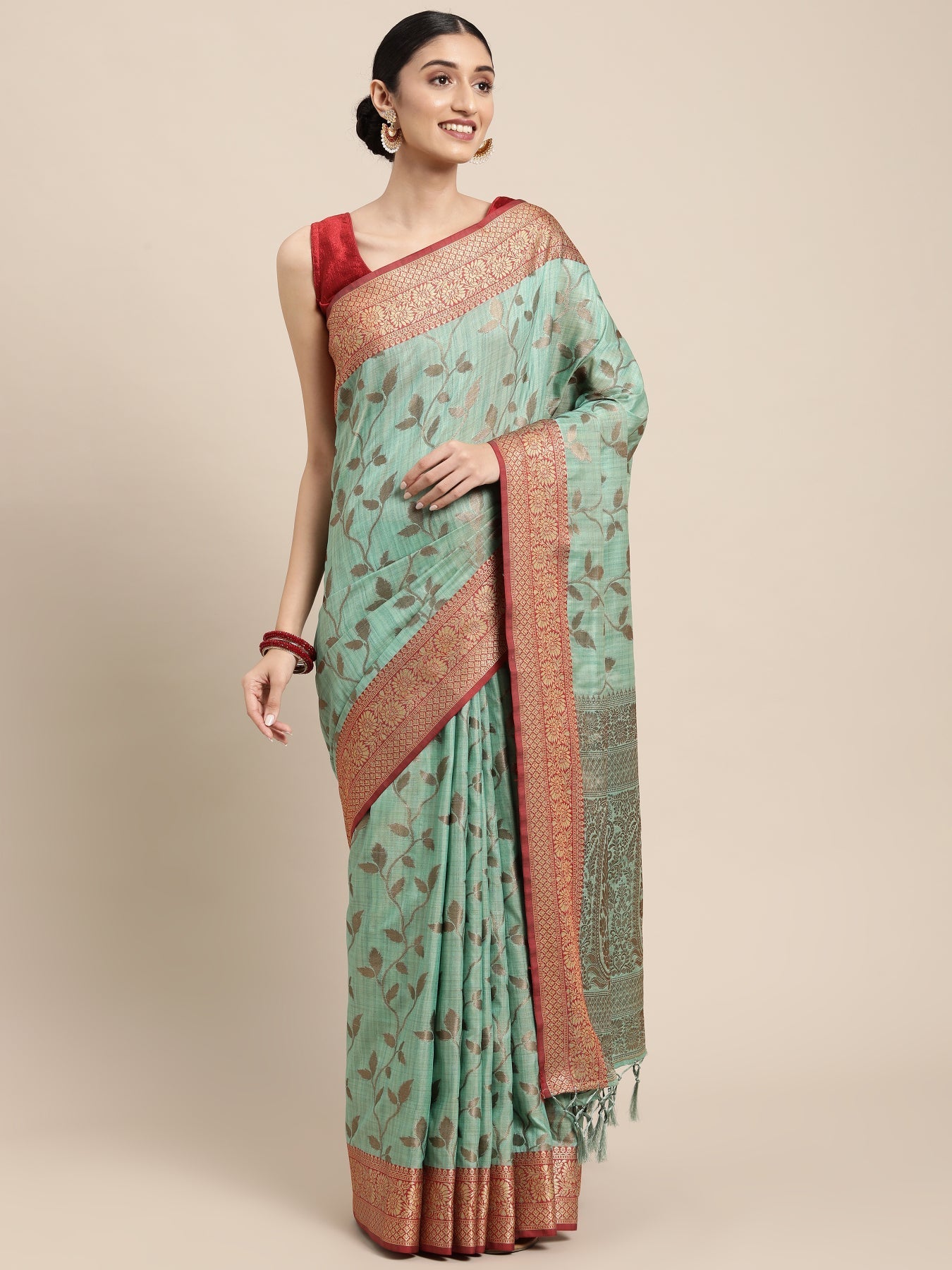 Dhiyona GR Women's Rewaa Tiffany Blue Zari Woven Design Banarasi Pure Cotton Saree