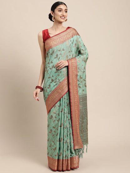 Dhiyona GR Women's Rewaa Tiffany Blue Zari Woven Design Banarasi Pure Cotton Saree