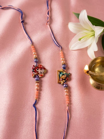 Dhiyona Set Of 2 Krishna Ji & Ganesh Ji Beaded Religious Thread Rakhi With Roli Chawal
