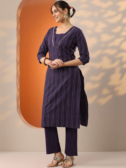Women Striped Regular Kurta with Trousers & With Dupatta