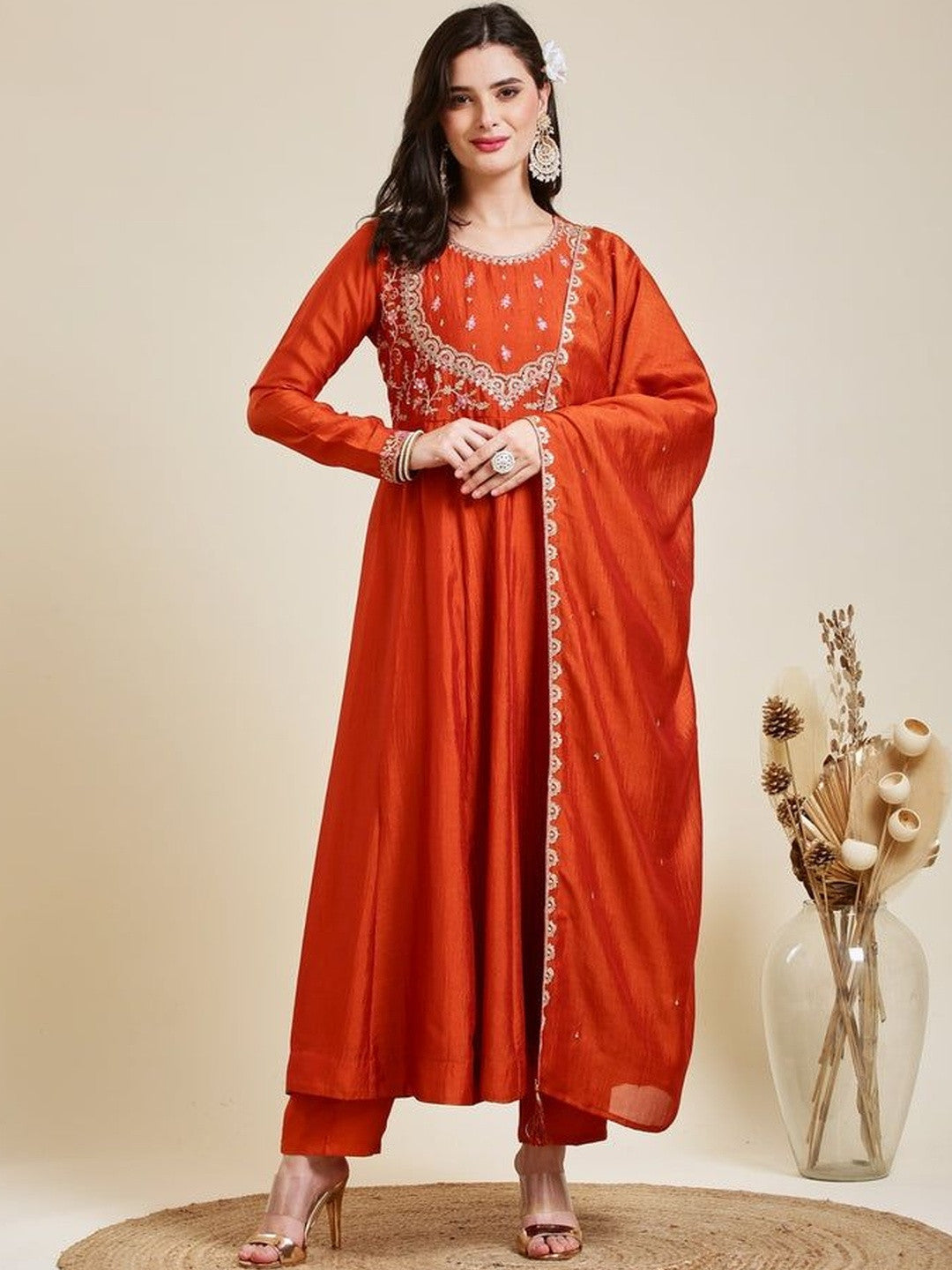 Embroidered Round Neck Kurta & Trousers With Dupatta
