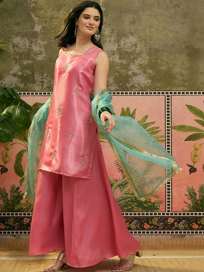 Dhiyona SN Sequinned Embroidered Square Neck Kurta & Palazzos With Dupatta