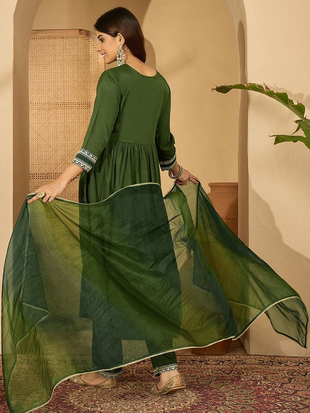 Ethnic Motifs Embroidered Pleated Thread Work Kurta With Palazzos & Dupatta