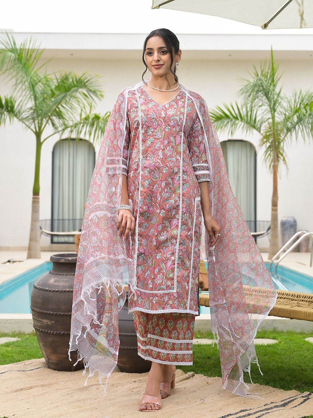 Dhiyona KL Floral Printed V-Neck Pure Cotton Kurta with Trouser And Dupatta