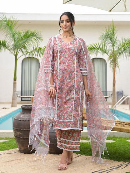 Dhiyona KL Floral Printed V-Neck Pure Cotton Kurta with Trouser And Dupatta