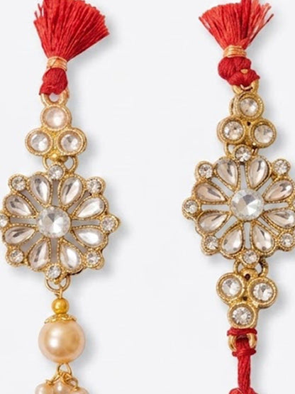 Dhiyona Set Of 2 Red Kundan Studded Floral Design Bhaiya Bhabhi Rakhi With Roli Chawal