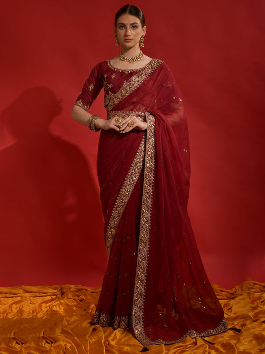 Women's Georgette Maroon Embellished Designer Saree With Blouse Piece