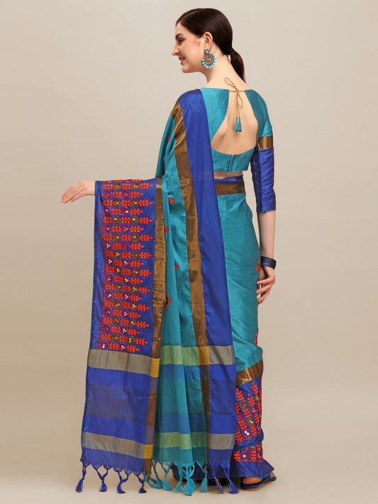 Dhiyona RV Women's Designer Traditional Embroidered Cotton Silk Saree With Blouse ( KVD1245 )