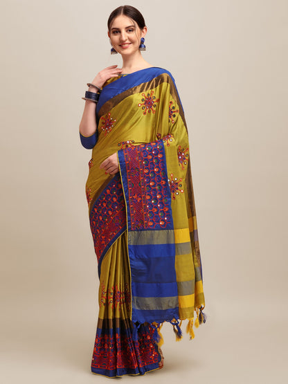 Dhiyona RV Women's Designer Traditional Embroidered Cotton Silk Saree With Blouse ( KVD1254 )