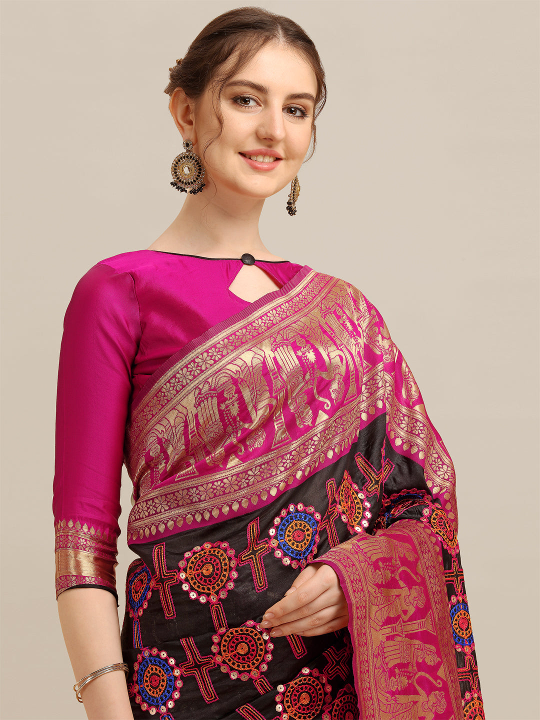 Dhiyona RV Women's Banarasi Jacquard With Zari Weaving And Kutchi Embroidered Saree  ( KVD1264 )