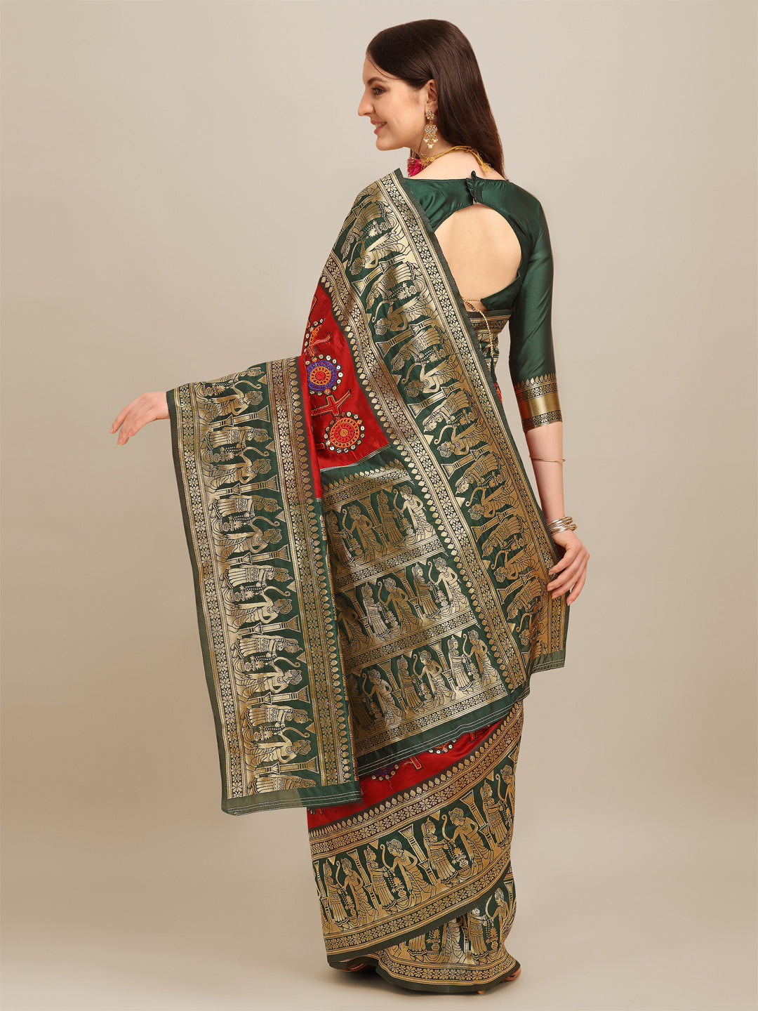 Dhiyona RV Women's Banarasi Jacquard With Zari Weaving And Kutchi Embroidered Saree  ( KVD1266 )