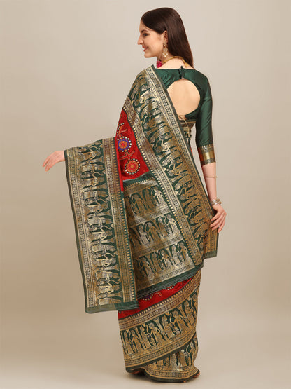 Dhiyona RV Women's Banarasi Jacquard With Zari Weaving And Kutchi Embroidered Saree  ( KVD1266 )