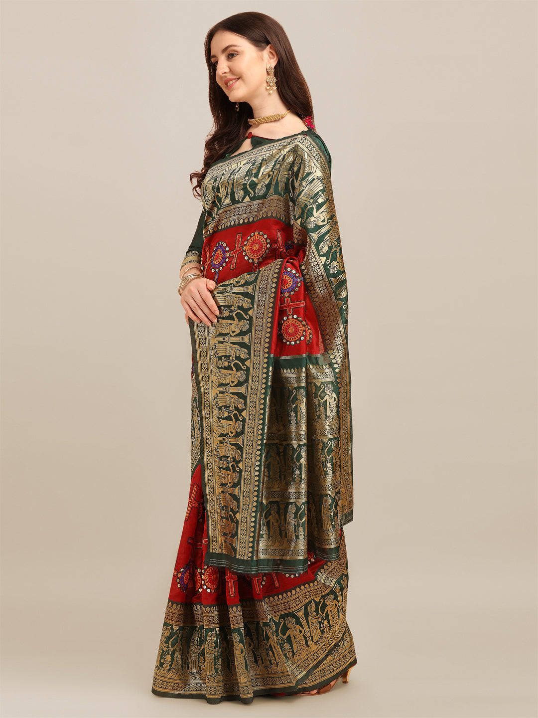 Dhiyona RV Women's Banarasi Jacquard With Zari Weaving And Kutchi Embroidered Saree  ( KVD1266 )