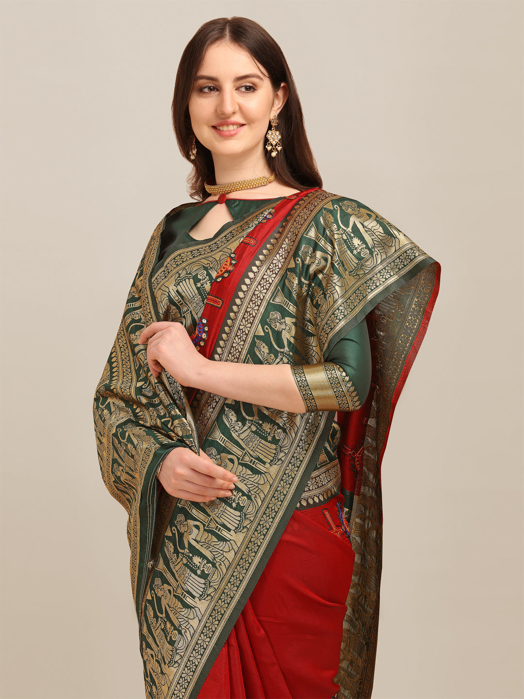 Dhiyona RV Women's Banarasi Jacquard With Zari Weaving And Kutchi Embroidered Saree  ( KVD1266 )