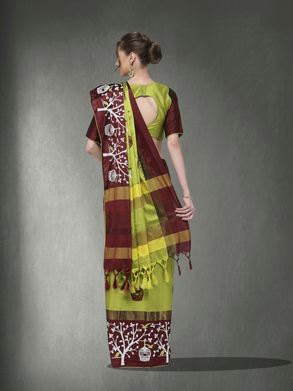 Dhiyona RV Women's Designer Traditional Embroidered Cotton Silk Saree With Blouse ( KVD1318 )