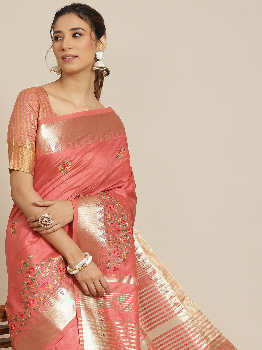 Dhiyona RV Women's Elegant Assam Cotton Silk Embroidered Saree with Temple Contrast Border  ( KVD1701 )