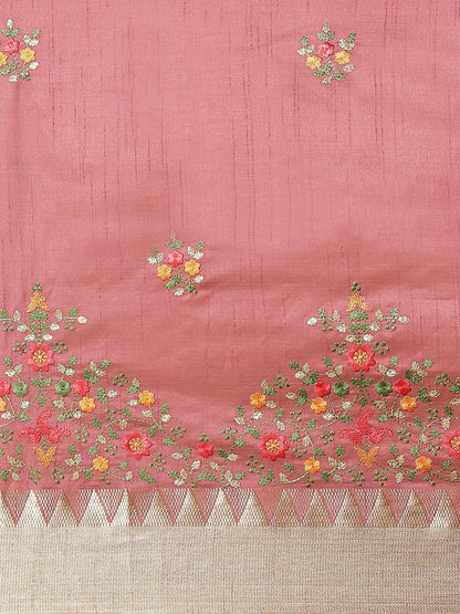 Dhiyona RV Women's Elegant Assam Cotton Silk Embroidered Saree with Temple Contrast Border  ( KVD1702 )