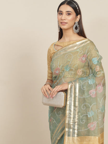 Dhiyona RV Women's Organza Thread Embroidery Weaving Border Attractive Saree ( KVD1858 )