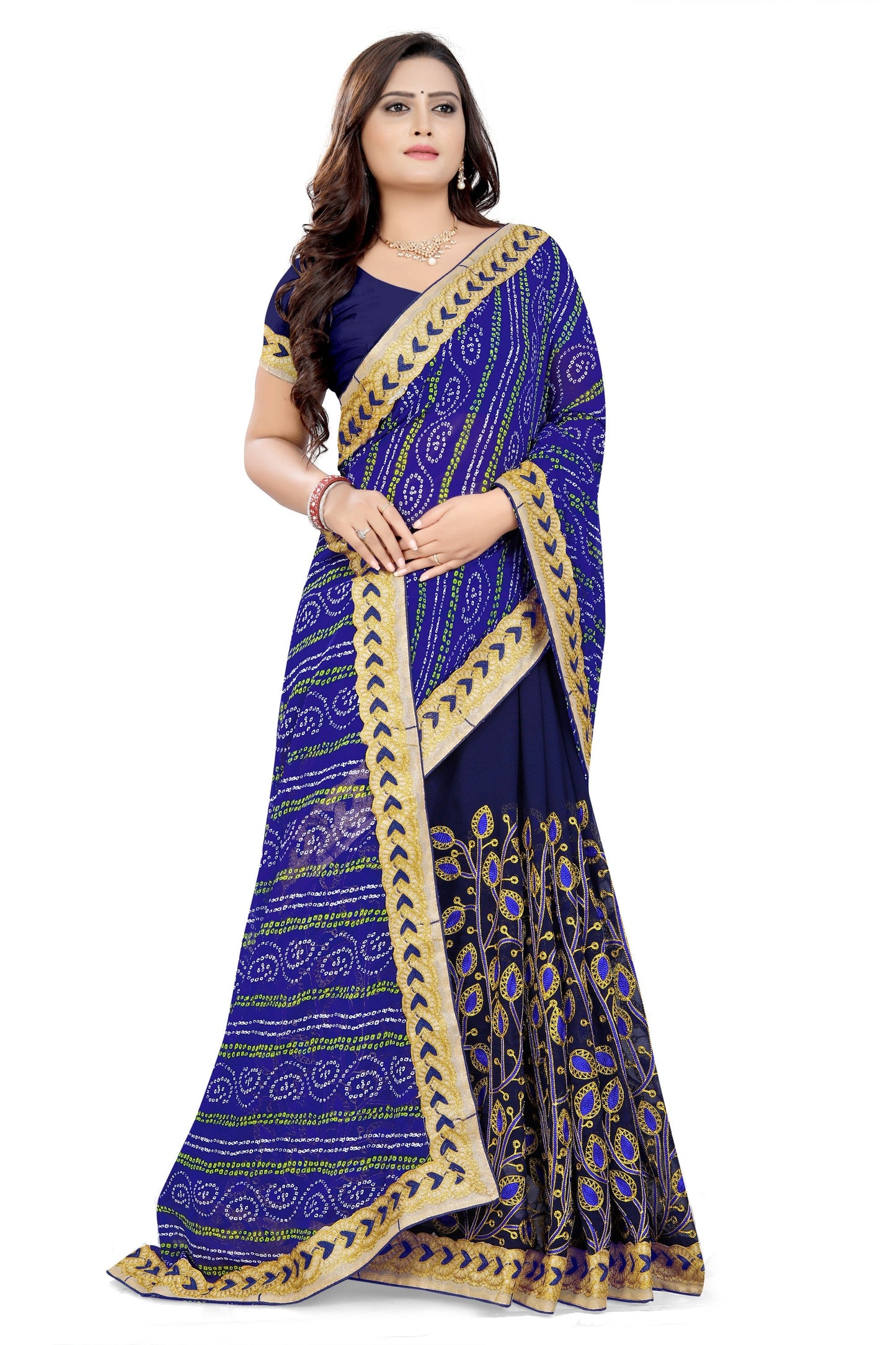 Dhiyona RV Women's Foil Print Lace work border Georgette Embroidered Saree ( KVD630 )