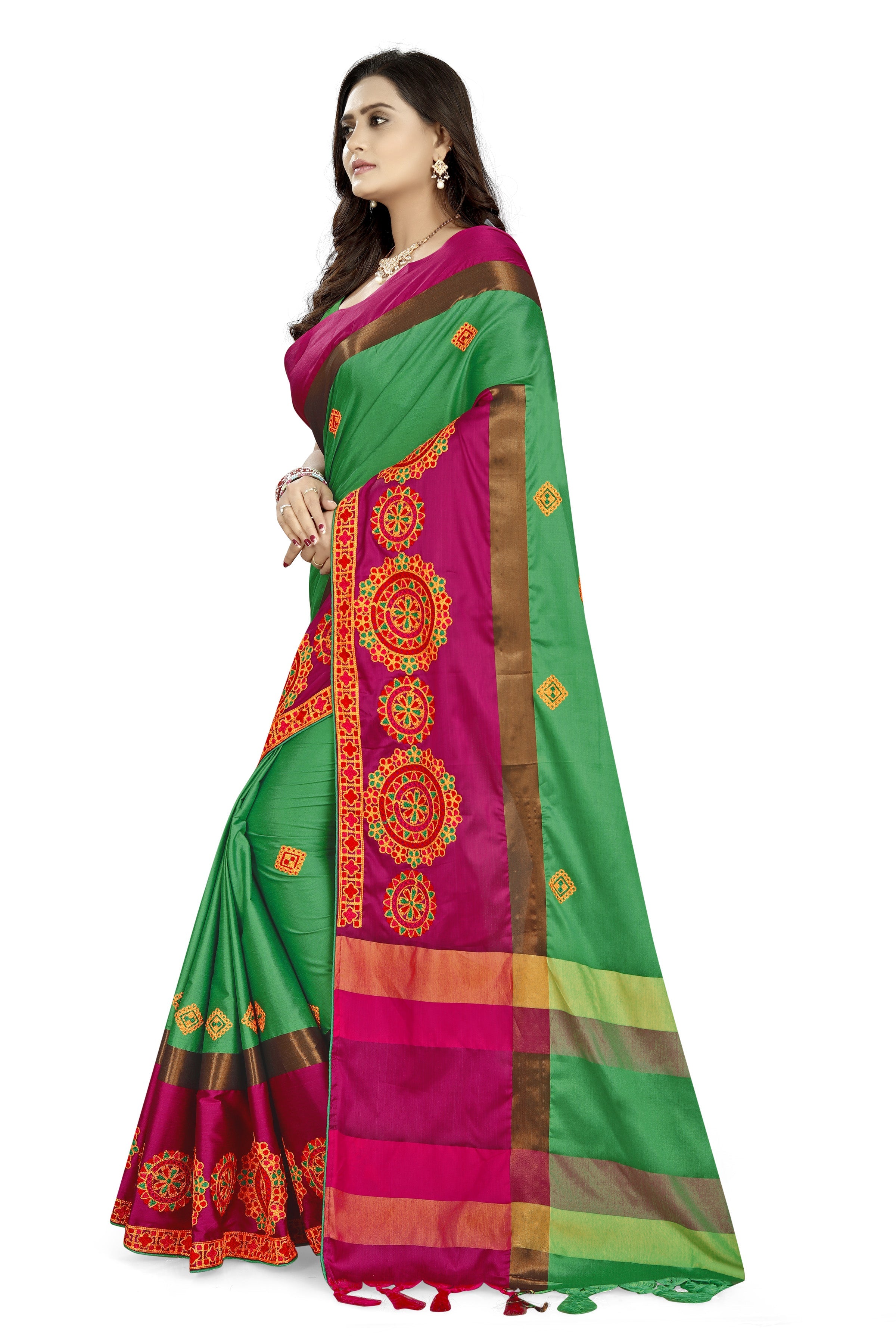 Dhiyona RV Women's Designer Traditional Embroidered Cotton Silk Saree With Blouse ( KVD821 )