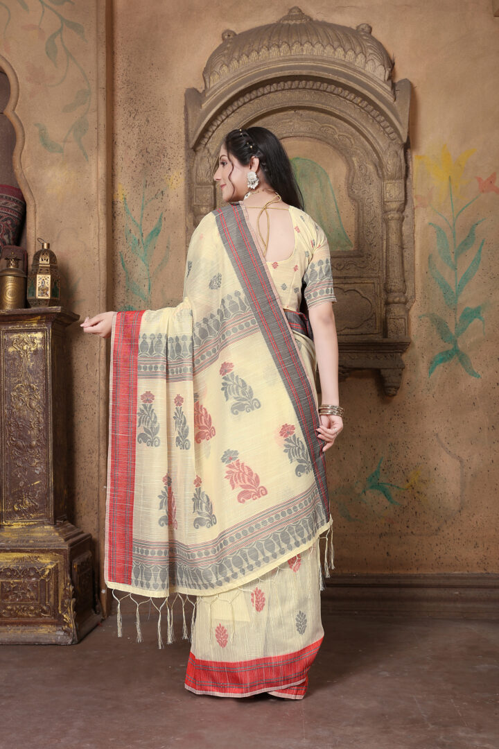 Dhiyona GR Women's Riwaz Cosmic Latte Beige Soft Linen Woven Saree