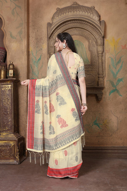 Dhiyona GR Women's Riwaz Cosmic Latte Beige Soft Linen Woven Saree