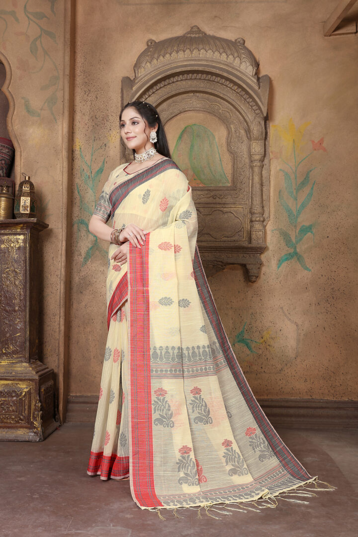 Dhiyona GR Women's Riwaz Cosmic Latte Beige Soft Linen Woven Saree