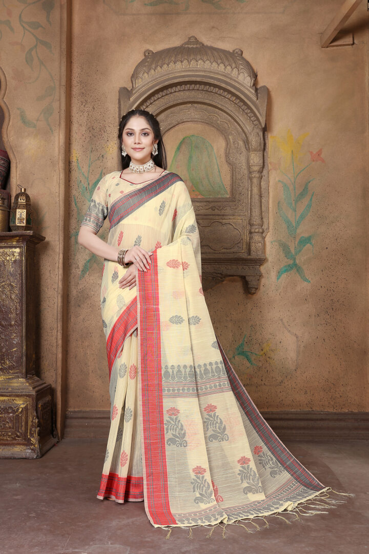 Dhiyona GR Women's Riwaz Cosmic Latte Beige Soft Linen Woven Saree