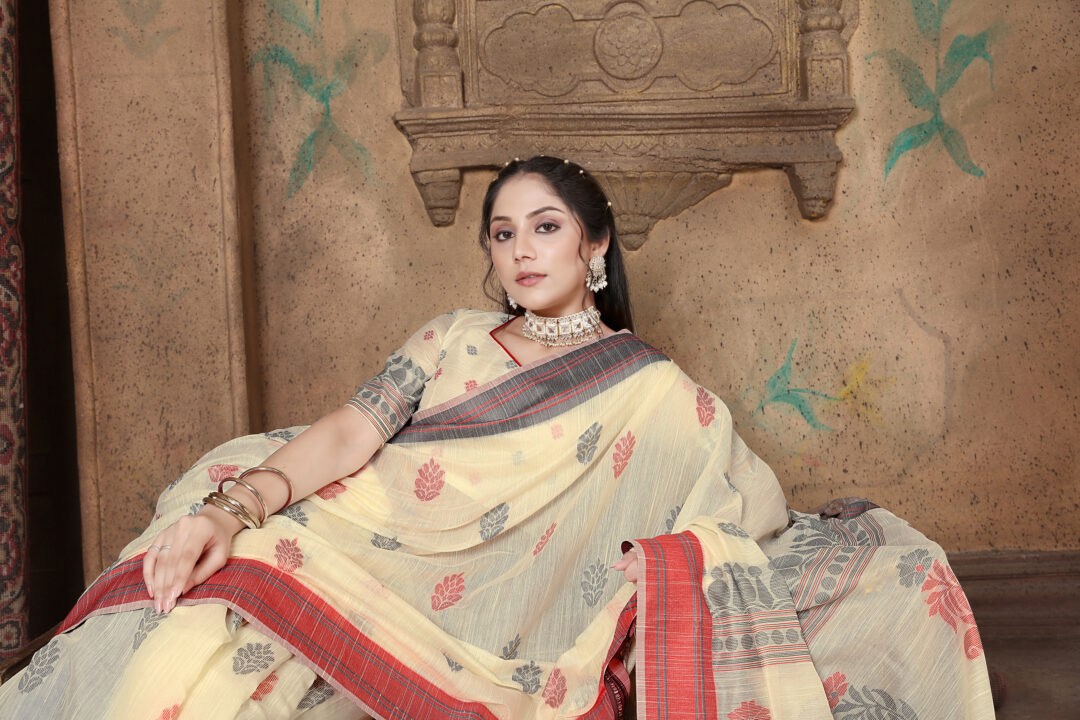 Dhiyona GR Women's Riwaz Cosmic Latte Beige Soft Linen Woven Saree