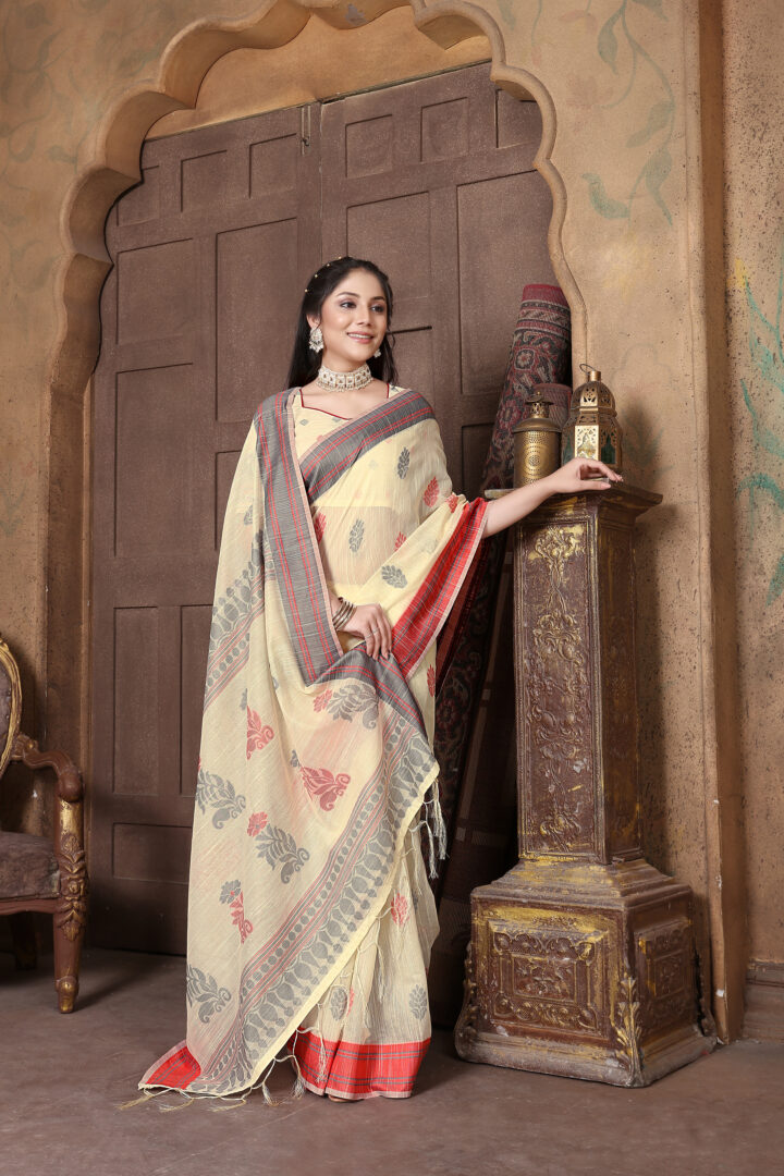 Dhiyona GR Women's Riwaz Cosmic Latte Beige Soft Linen Woven Saree