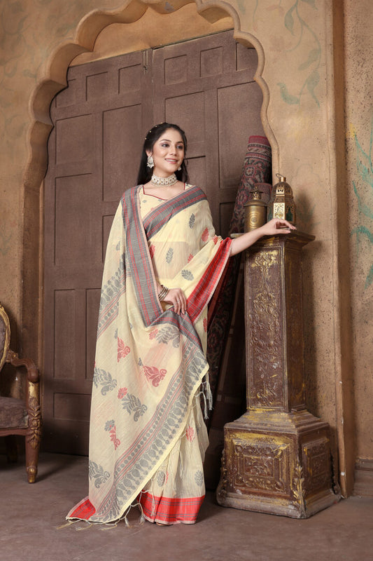 Dhiyona GR Women's Riwaz Cosmic Latte Beige Soft Linen Woven Saree