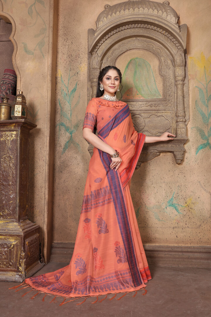 Dhiyona GR Women's Riwaz Coral Orange Soft Linen Woven Saree