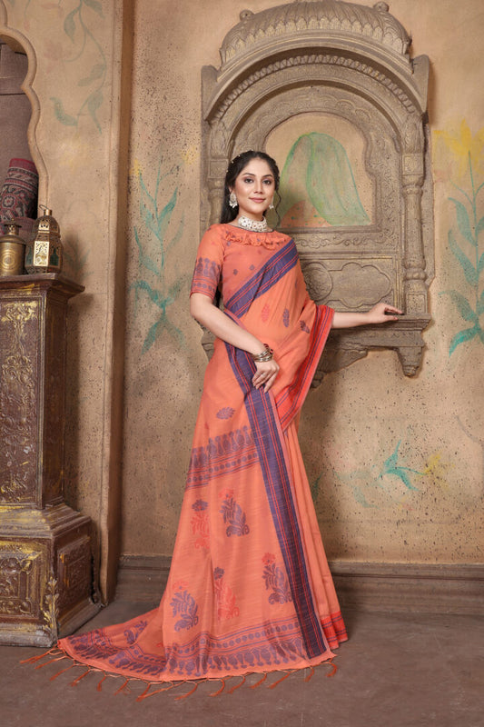 Dhiyona GR Women's Riwaz Coral Orange Soft Linen Woven Saree