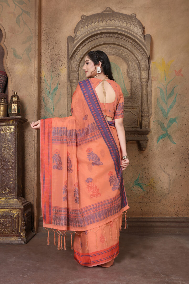 Dhiyona GR Women's Riwaz Coral Orange Soft Linen Woven Saree