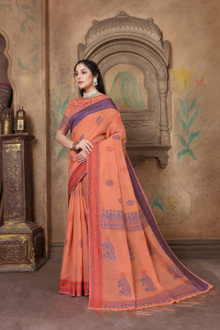Dhiyona GR Women's Riwaz Coral Orange Soft Linen Woven Saree