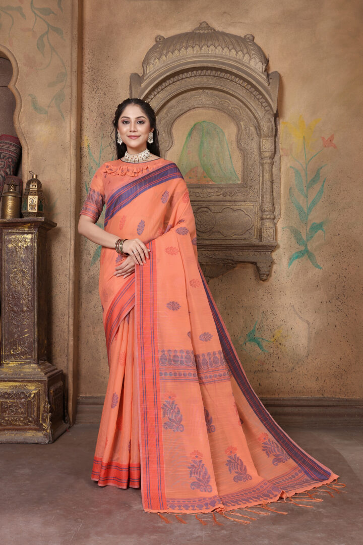 Dhiyona GR Women's Riwaz Coral Orange Soft Linen Woven Saree
